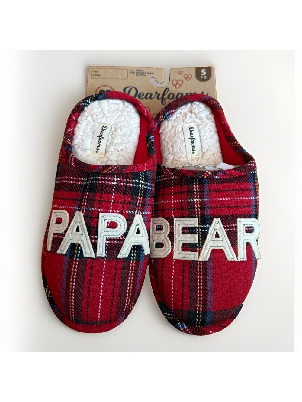 NWT NEW Dearfoams Red Plaid Papa Bear Memory Foam House Slippers Men’s Small 7 8
